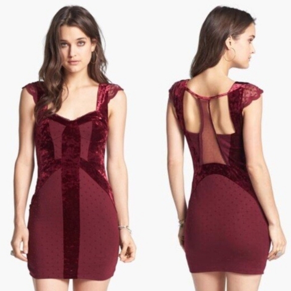 Free People Madeline Polka Dot Velvet Dress SZ L Bodycon Burgundy Large - Picture 1 of 6